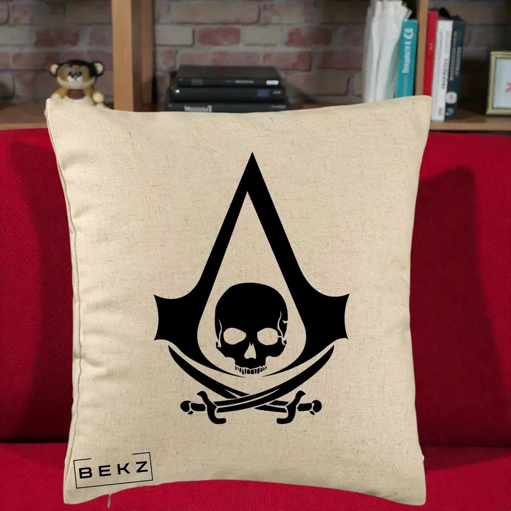 Perna Personalizata Assassin's Creed Black Flag Skull, 40x40 cm, Bej, Husa Detasabila, Perna Inclusa, BEKZ®