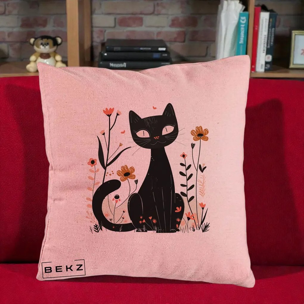 Perna Decorativa Pisica Neagra Flori Pastel Folk, 40x40 cm, Roz, Husa Detasabila, Perna Inclusa, BEKZ®