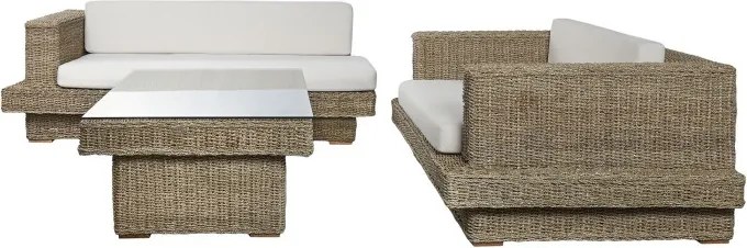 Set lounge exterior din fibre naturale împletite și structura din lemn de tec cu 2 canapele, măsuță de cafea și perne, „Borneo”