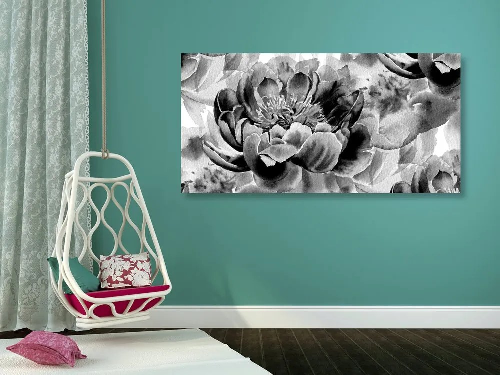 Tablou bujori în design alb-negru