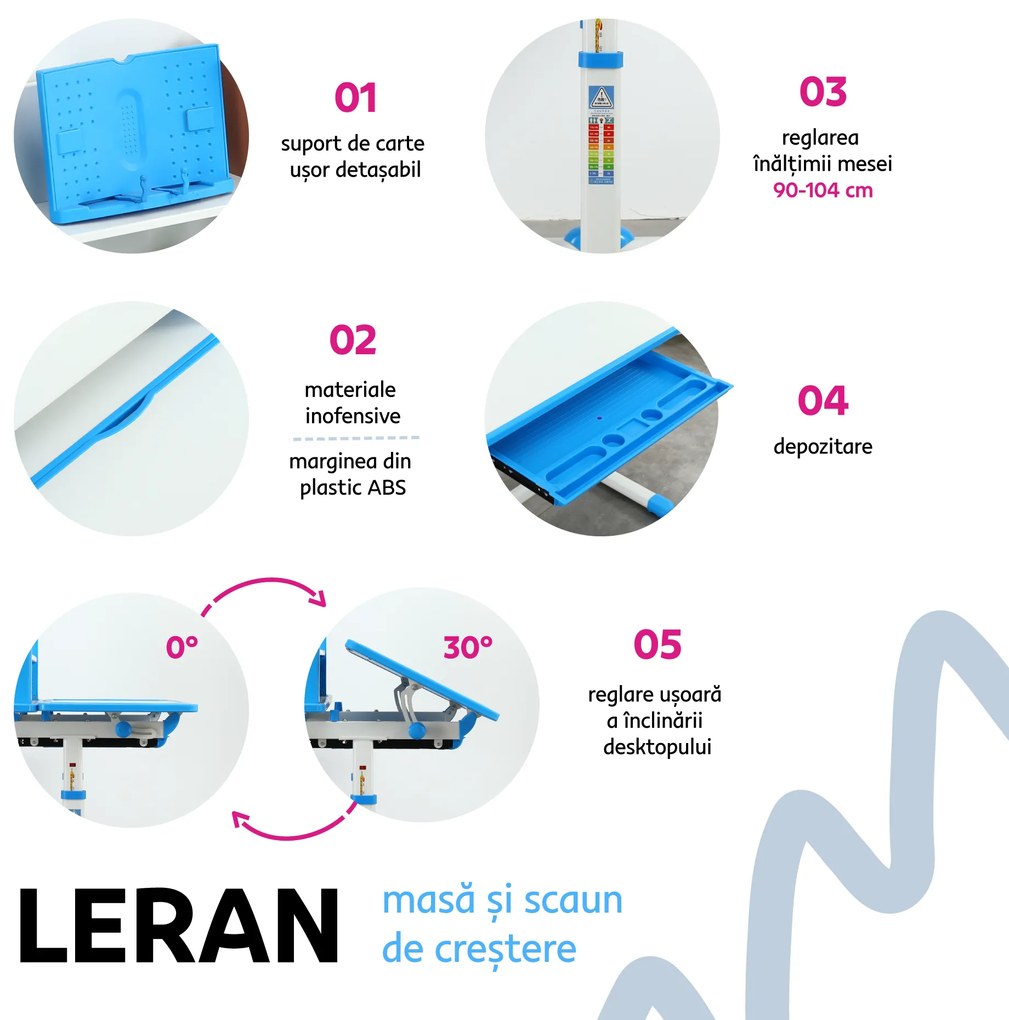 Birou de creştere şi scaun, roz/alb, set LERAN