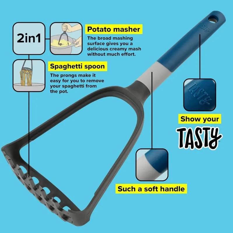 Zdrobitor pentru cartofi Tasty 678066, 2 in 1, Maner moale, 31 cm, Plastic, Albastru