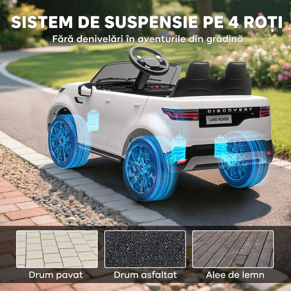 HOMCOM Mașinuță Electrică pentru Copii 3-6 Ani sub Licență Land Rover Discovery 12V, 2.5-4.5 km/h Auto Electrică pentru Copii cu 2 Motoare, Suspensii, Telecomandă, USB, Muzică, Faruri și Claxon, Alb | Aosom Romania