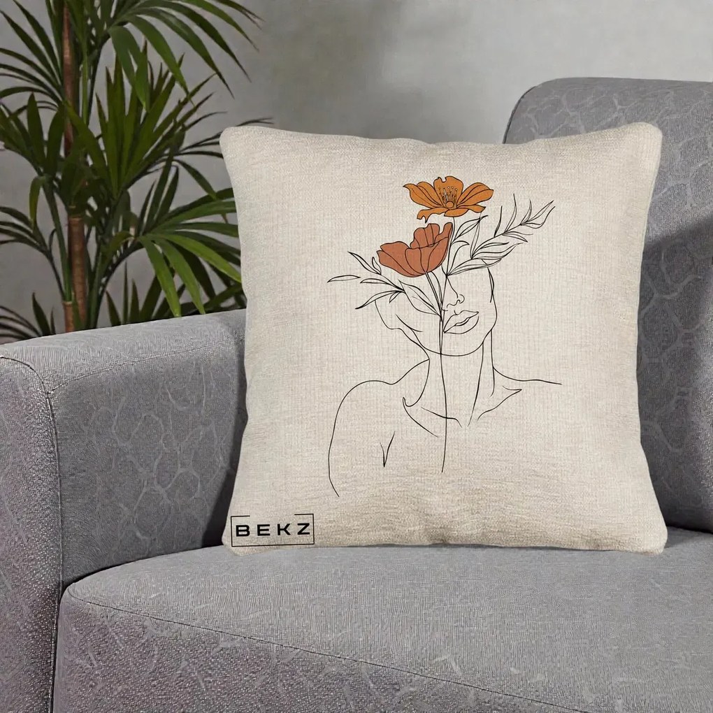 Perna Decorativa Portret Feminin Doua Flori, 40x40 cm, Bej Canapea, Husa Detasabila, Perna Inclusa, BEKZ®