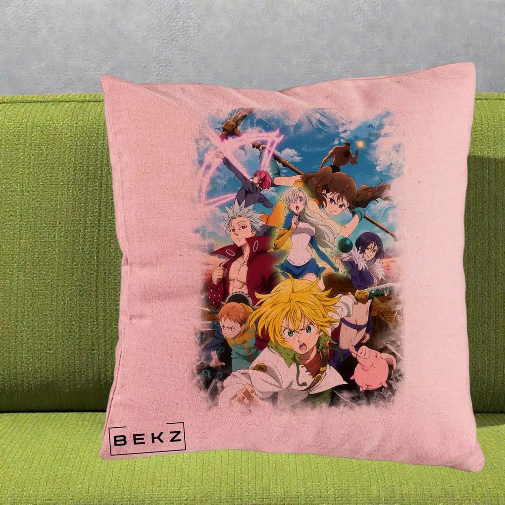 Perna Personalizata Nanatsu no Taizai Cele Sapte Pacate Mortale Anime, 40x40 cm, Roz, Husa Detasabila, Perna Inclusa, BEKZ®