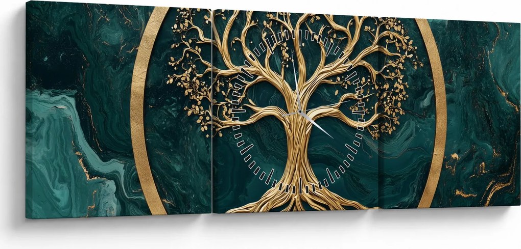Tablou – Arborele vieții auriu în marmură (cu ceas) (90x30 cm)