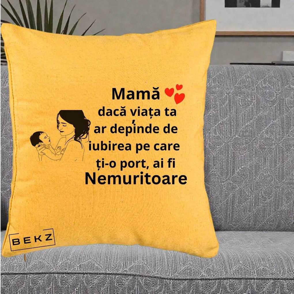 Cadou pentru Mama - Perna Personalizata Mama Nemuritoare Imbratisare Copil, 40x40 cm, Galben, Husa Detasabila, Perna Inclusa, BEKZ®