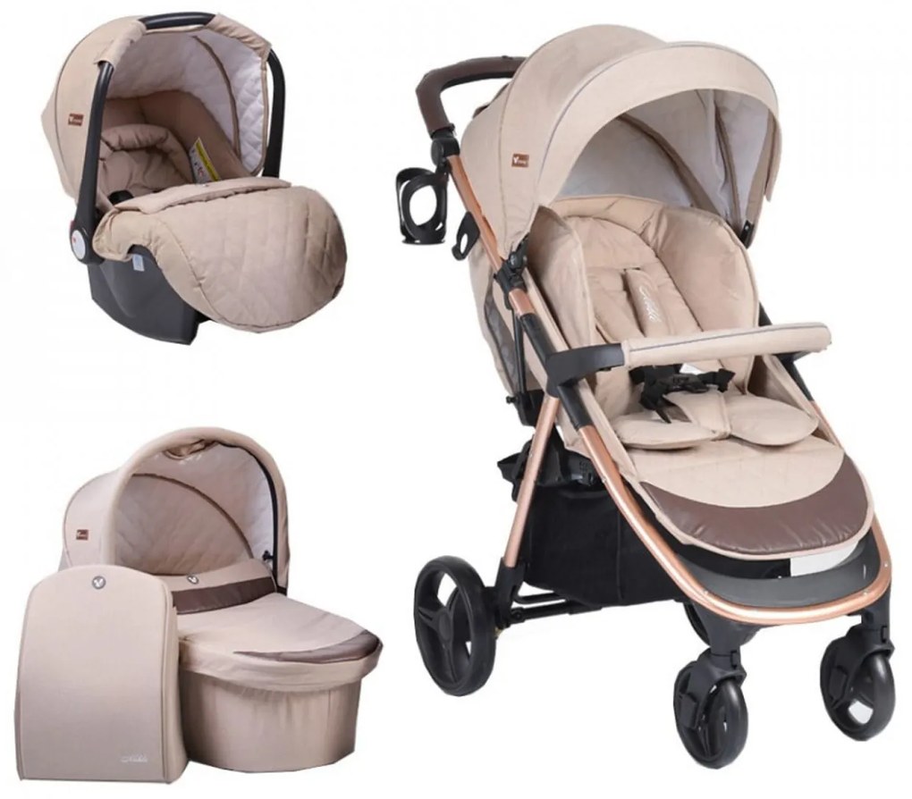 Carucior nou nascuti 3 in 1 NOVOKIDS™ Noble Deluxe, Cadru Aluminiu Gold , Amortizoare, Roti din cauciuc plin AVE, Landou, Scoica auto, Spatar