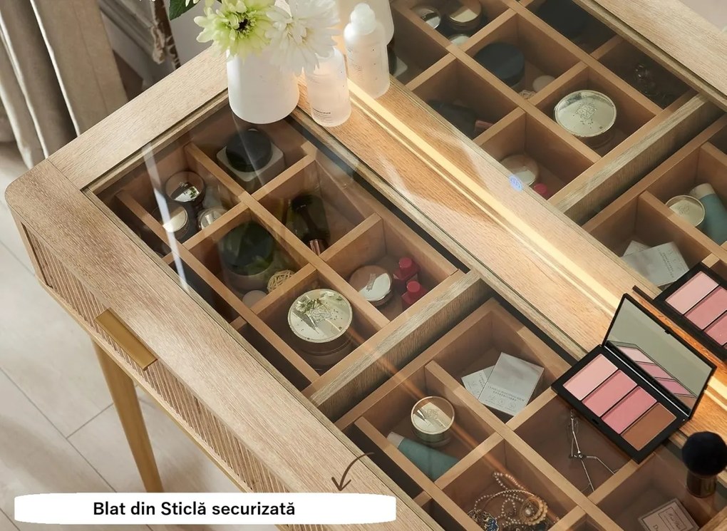 Masuta machiaj cu Oglinda LED si 5 Sertare pentru Cosmetice, Set Masa toaleta 122 cm, Alb, Antracit sau Culoarea Stejar, masuta cosmetica cu Riflaj,