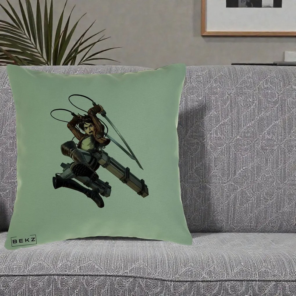 Perna Personalizata Attack on Titan Eren Yeager Lupta, 40x40 cm, Verde, Husa Detasabila, Perna Inclusa, BEKZ®