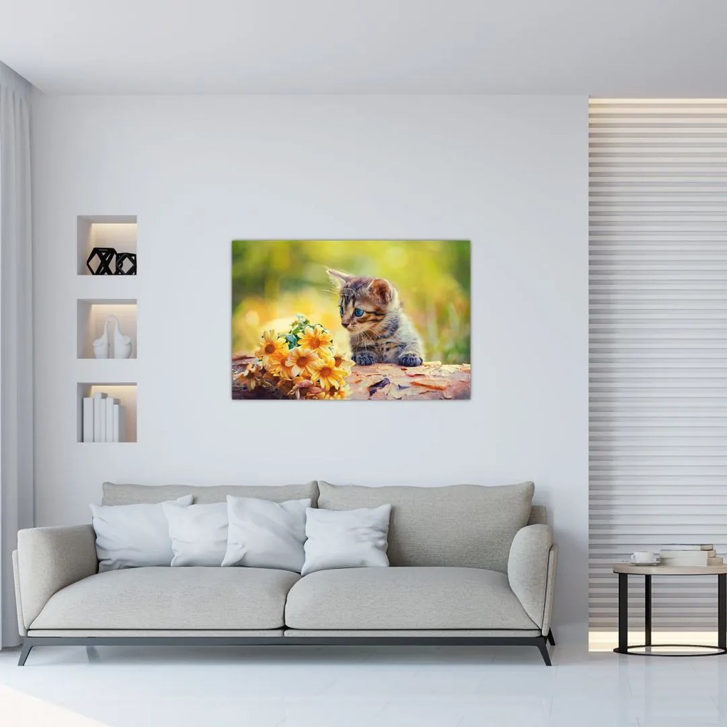 Tablou cu pisicuța uitându-se la floare (90x60 cm)