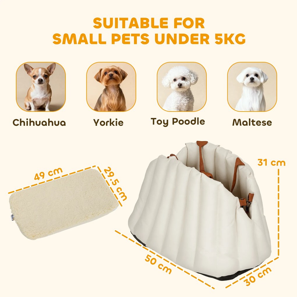 PawHut Scaun Auto pentru Câini Mici cu Lesă și Bază Antiderapantă, Convertibil în Geantă pentru Animale, Crem | Aosom Romania
