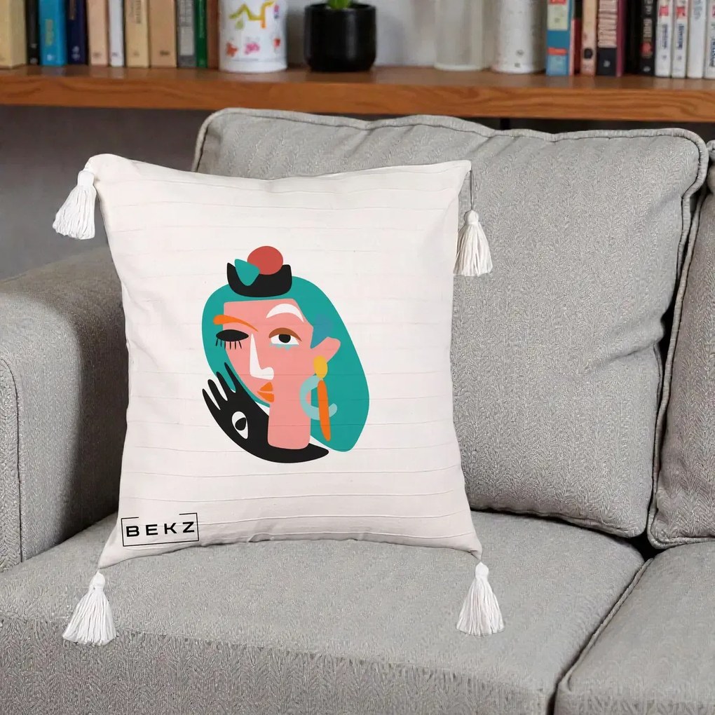 Perna Decorativa Portret Abstract Matisse Turcoaz, 40x40 cm, Bej cu Franjuri, Husa Detasabila, Perna Inclusa, BEKZ®