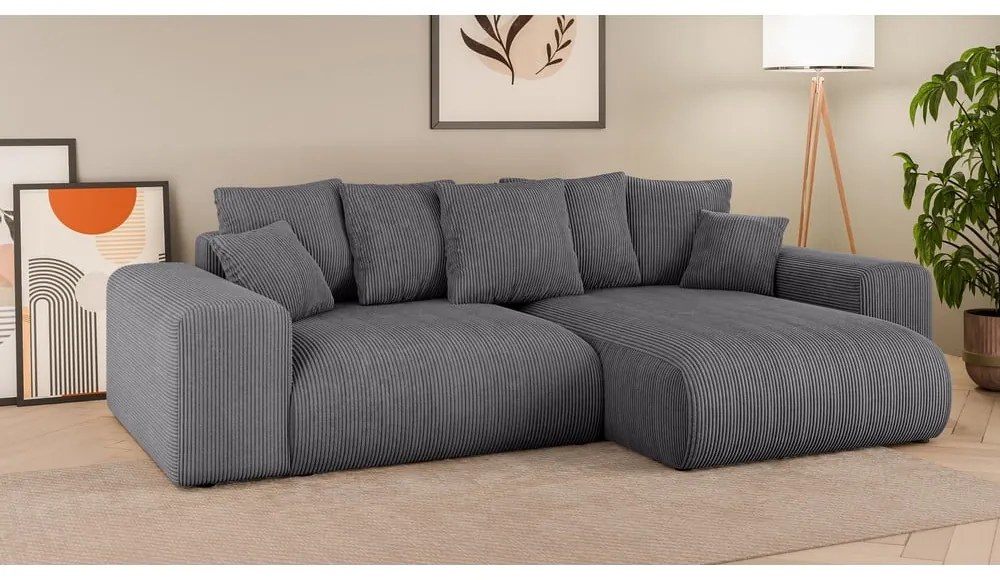 Colțar gri extensibil/cu spațiu de depozitare cu tapițerie din catifea reiată (cu colț variabil) Luma – Ropez