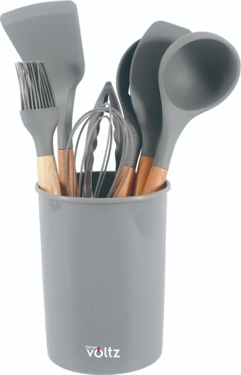 Set ustensile de bucatarie cu suport Oliver Voltz OV51612CG, 8 piese, Silicon, Rezistent la temperaturi ridicate, Suport, Gri