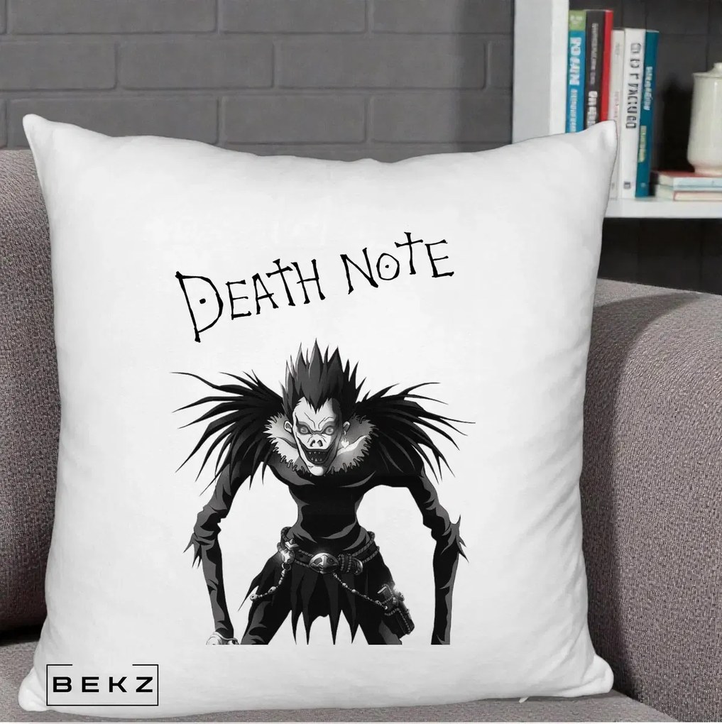 Perna Personalizata Death Note Ryuk Shinigami Alb-Negru, 40x40 cm, Alb Pufos, Husa Detasabila, Perna Inclusa, BEKZ®