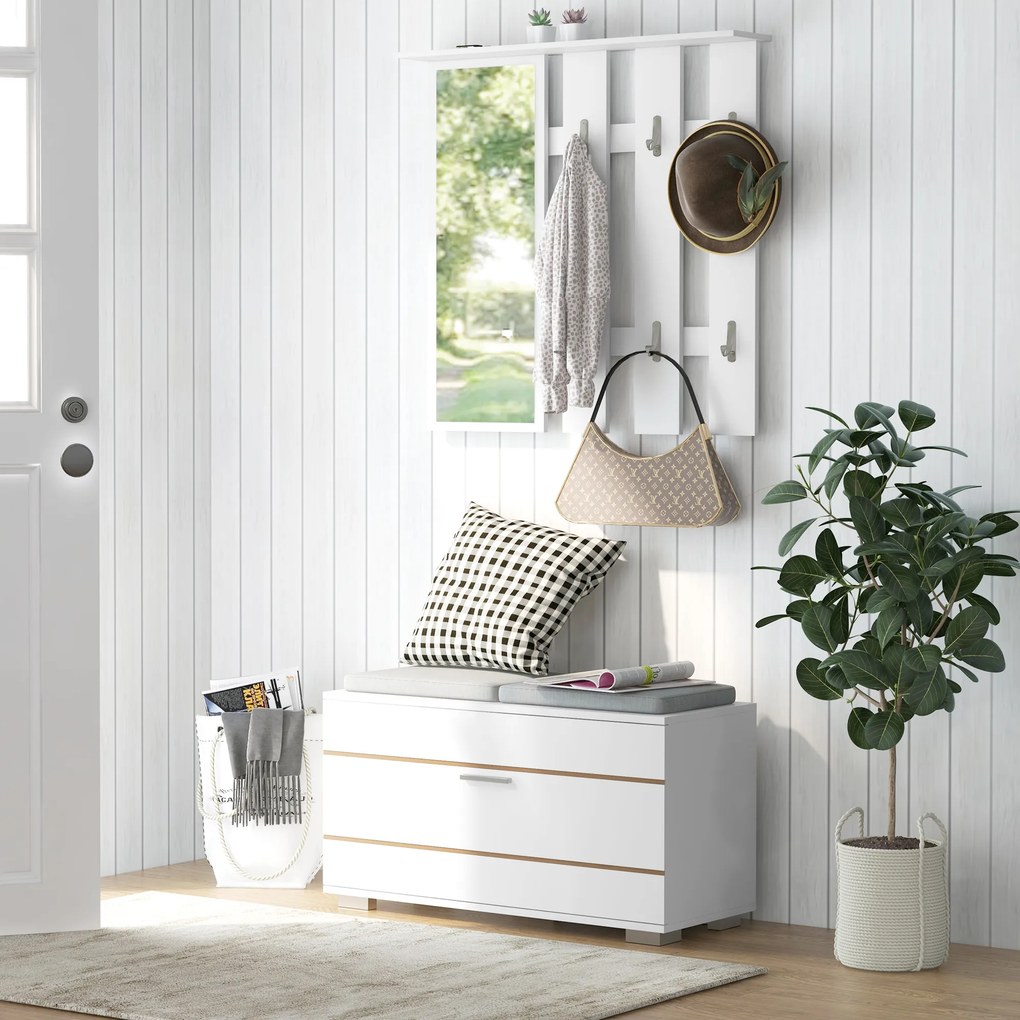 HOMCOM Set de Depozitare pentru Hol 4-în-1, Cuiere, Oglindă, Bancă pentru Încălțăminte cu Scaun, 85x35x49 cm, Alb | Aosom Romania