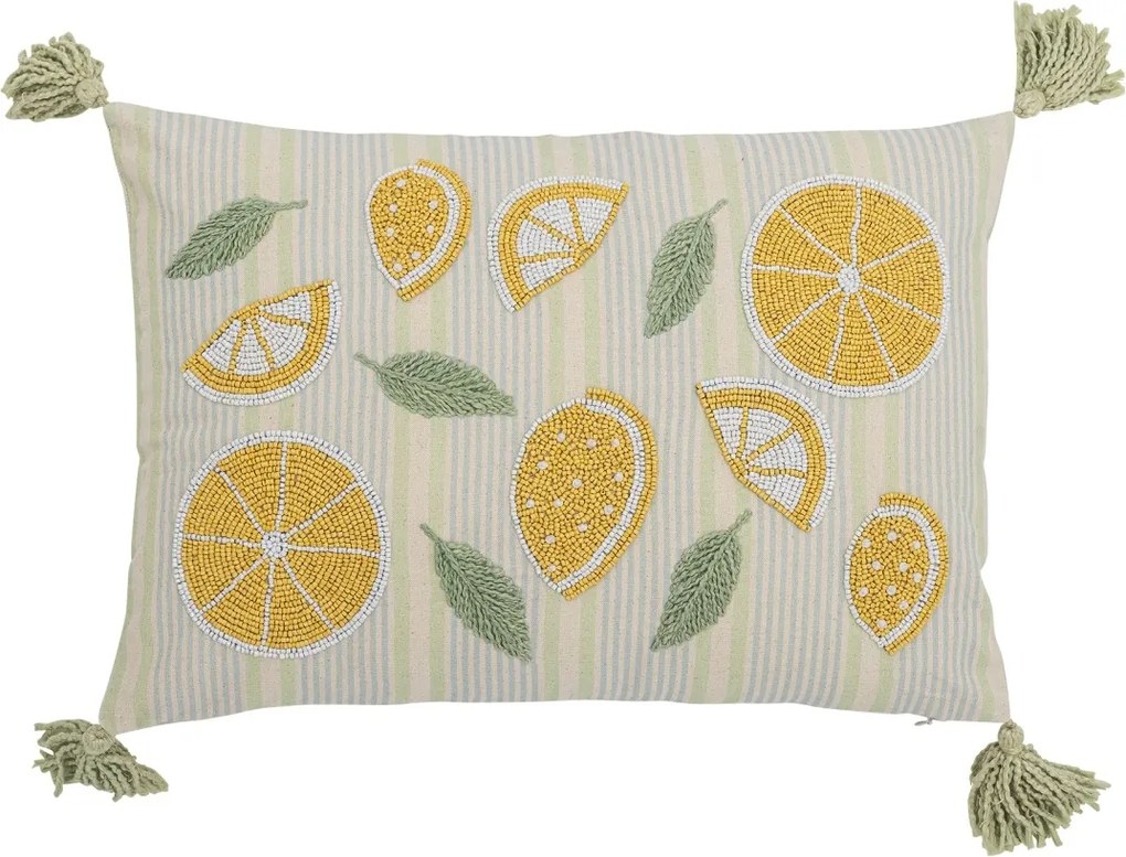Pernă decorativă din bumbac galben cu felii de lămâie brodate și mărgele, 50×35 cm, „Lemon"