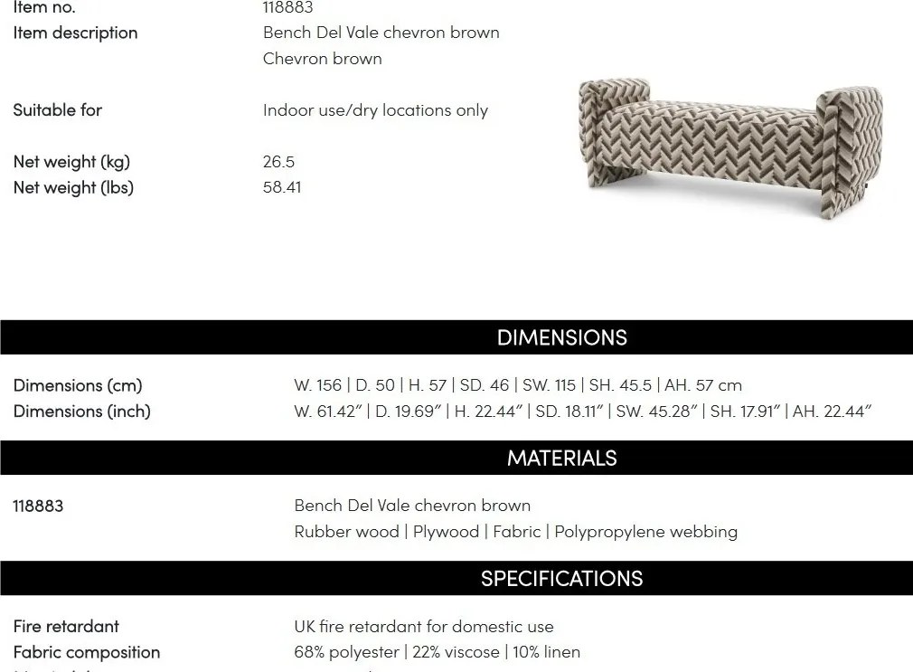 Bancheta eleganta design LUX Del Vale, Chevron brown