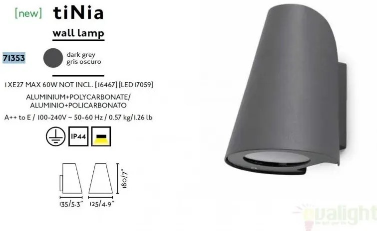 Aplica de perete de exterior cu protectie IP44, TINIA 71353