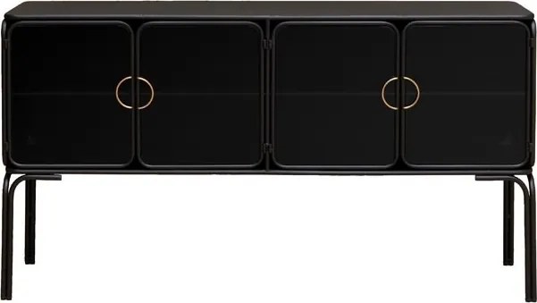 Consolă hol în stil eclectic, din metal și sticlă, negru, cu 4 uși din sticlă fumurie și mânere aurii, 82 x 138 x 38 cm, „Ashbury”