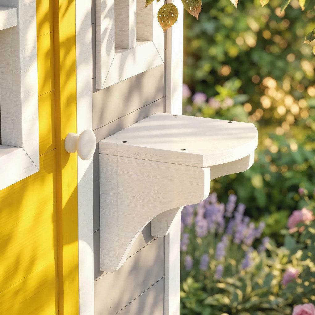 Outsunny Căsuță pentru Copii din Lemn, Exterior și Interior, cu Ușă, Ferestre, Jardiniere și Suporturi pentru Flori, Gri | Aosom Romania