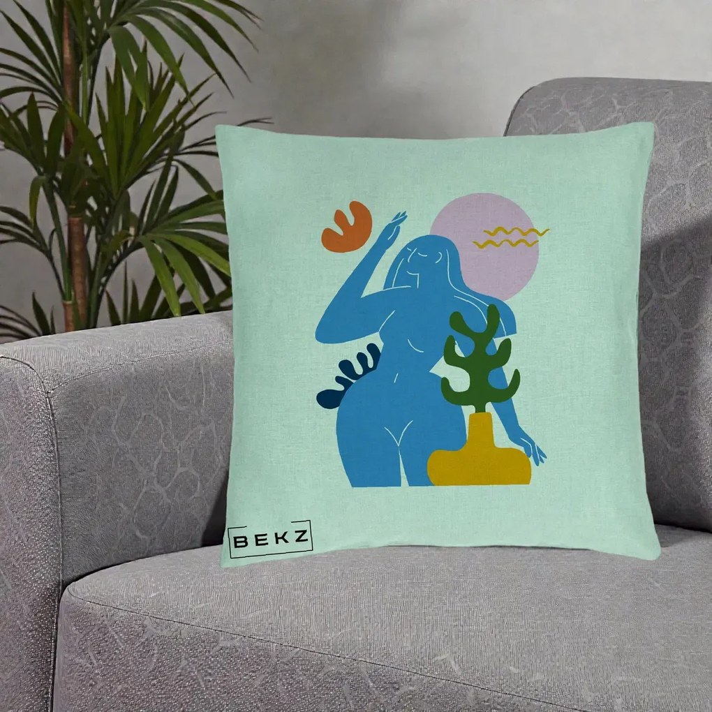 Perna Decorativa Femeie Albastra Cactus, 40x40 cm, Verde Menta, Husa Detasabila, Perna Inclusa, BEKZ®