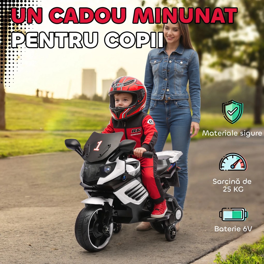 AIYAPLAY Motocicletă electrică pentru copii 18-36 luni, 6V, cu roți detașabile, faruri și muzică, albă | Aosom Romania