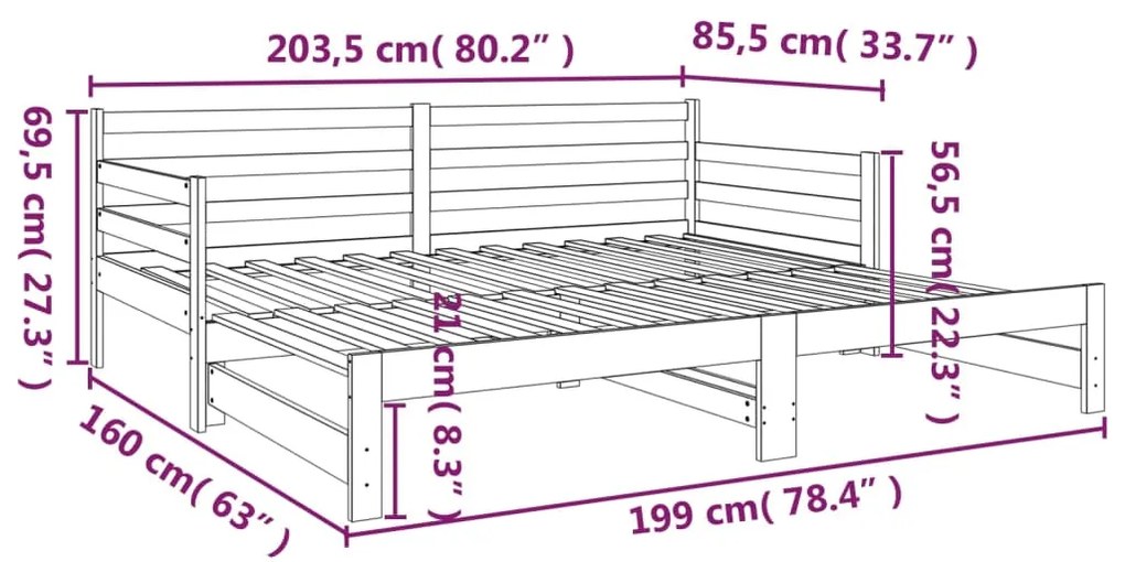 Pat de zi extensibil, alb, 2x(80x200) cm, lemn masiv de pin Alb