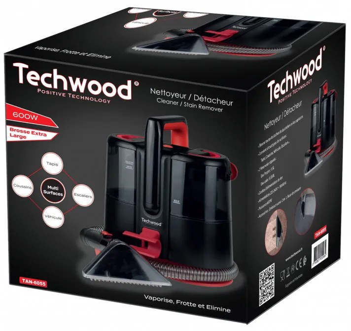 Aspirator pentru covoare si tapiterii Techwood TAN-6055, 600W, Rezervor de apa curata si reziduala, Negru/Rosu