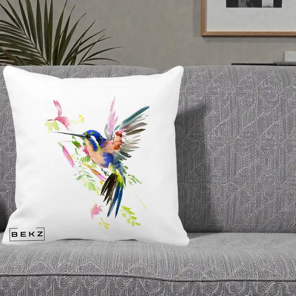 Perna Decorativa Colibri Acuarela, 40x40 cm, Alba Mata, Husa Detasabila, Perna Inclusa, BEKZ®