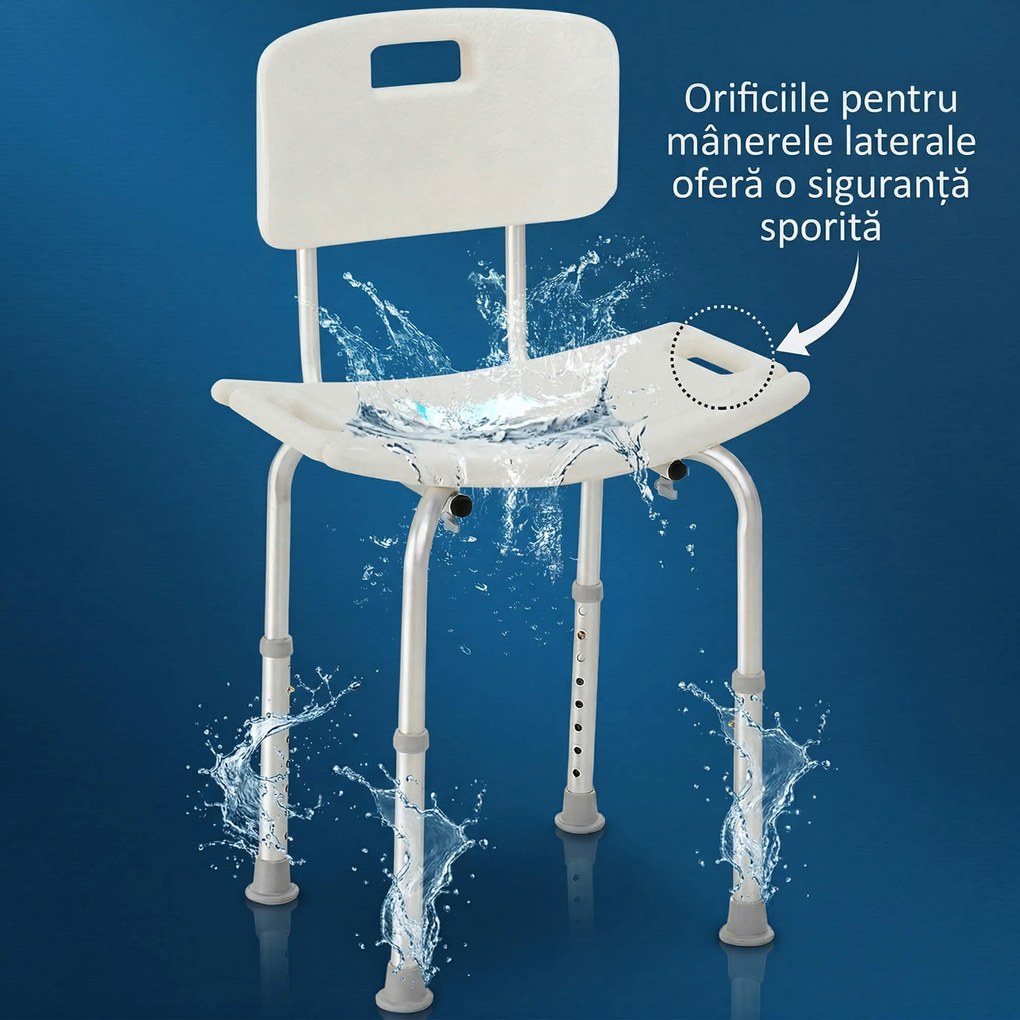 HOMCOM Scaun de Duș Antiderapant cu Spătar și Înălțime Reglabilă pe 8 Poziții, 50,6x43x71-88 cm, Alb | Aosom Romania