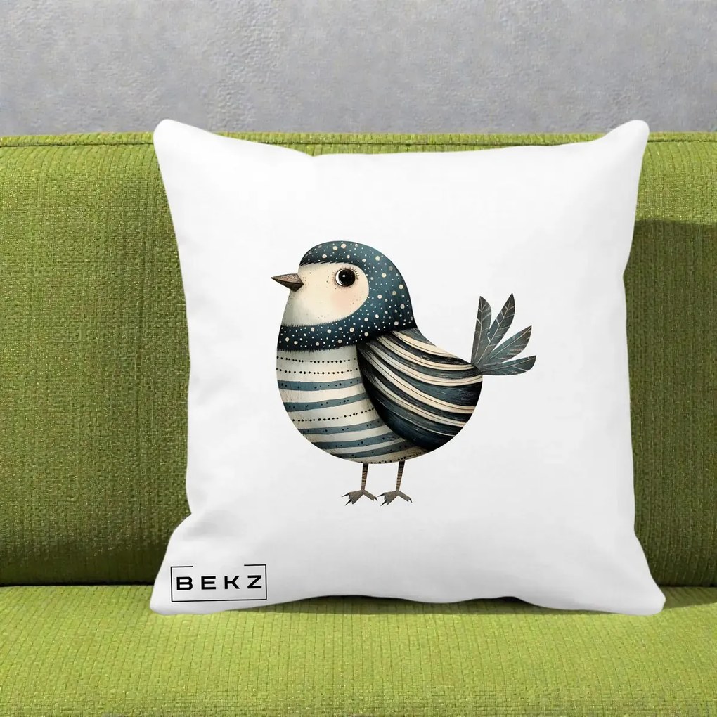 Perna Decorativa Pasare Teal Decorativa Dungata, 40x40 cm, Alba Mata, Husa Detasabila, Perna Inclusa, BEKZ®