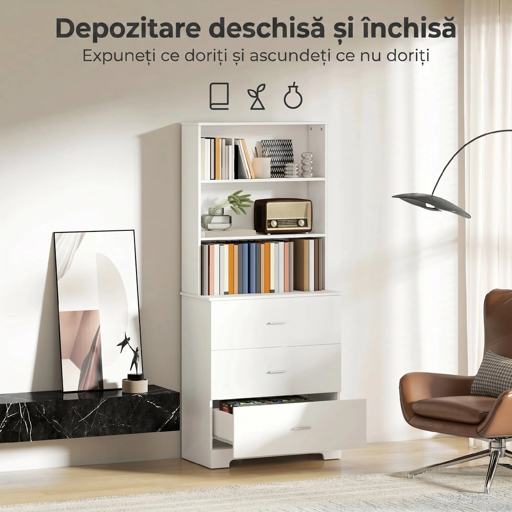 Bibliotecă HOMCOM cu 3 rafturi deschise și 3 sertare, din lemn, 79x39.5x182.2 cm, Alb | Aosom Romania