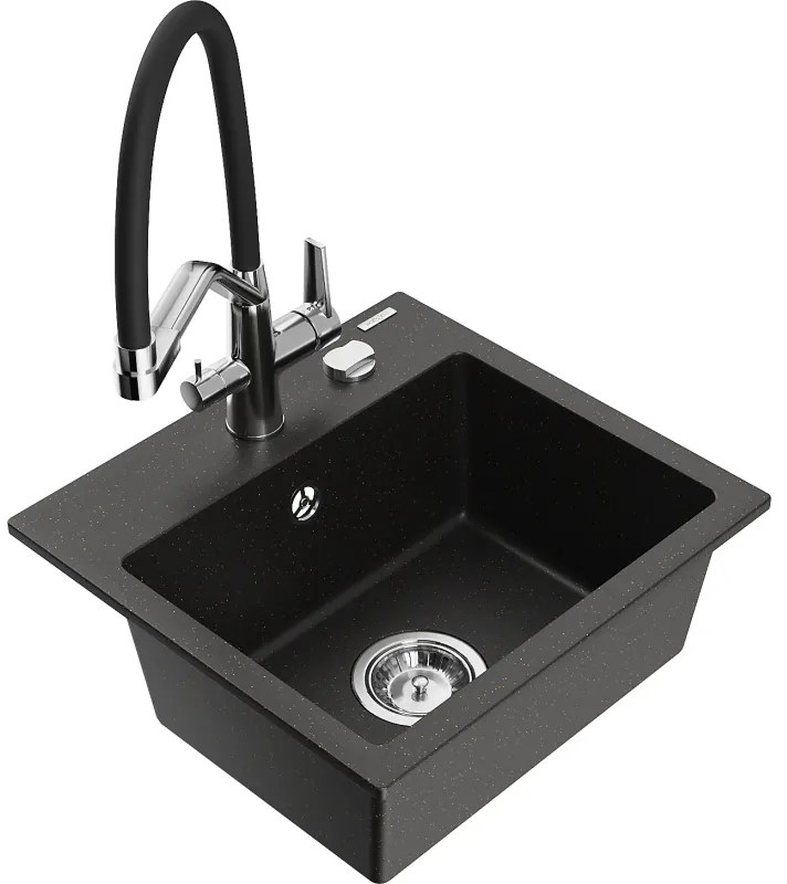 Mexen Milo chiuvetă de bucătărie granit cu 1 compartiment și baterie Duo, negru/auriu metalic - 6505-75-671701-07
