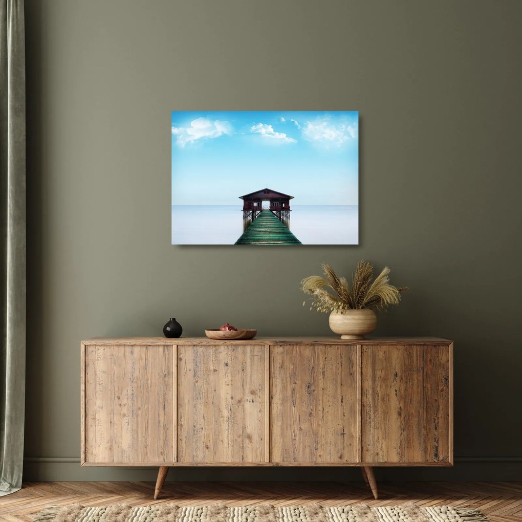 Tablou pe sticlă cu casă pe mare (70x50 cm)