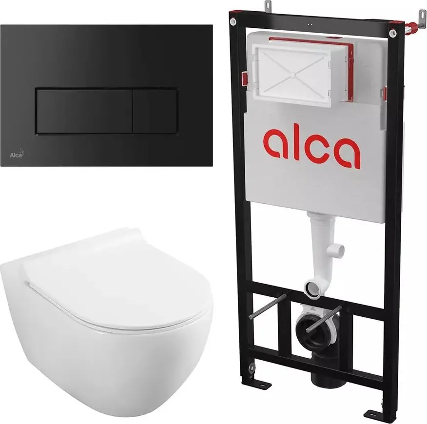 Set rezervor WC cu cadru incastrat Alca AM101/1120 si clapeta M578 negru mat plus vas WC Fluminia Minerva cu capac softclose alb