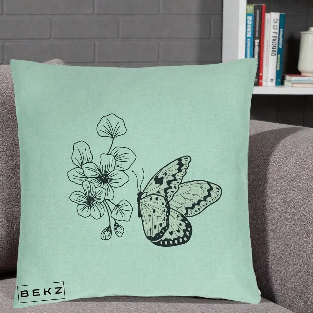 Perna Decorativa Fluture si Flori Linie Monocroma, 40x40 cm, Verde Menta, Husa Detasabila, Perna Inclusa, BEKZ®