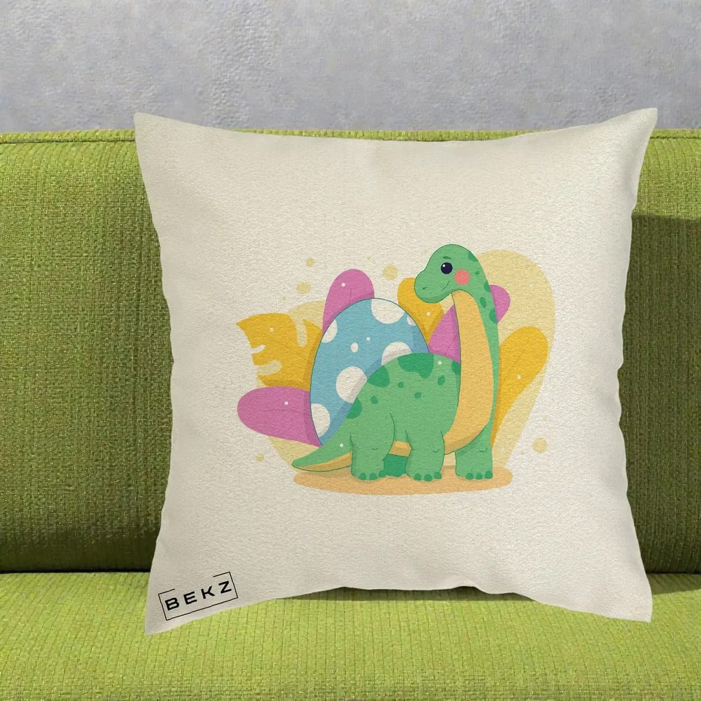 Perna Personalizata Dinozaur cu Ou Pastelat, 40x40 cm, Ecru, Husa Detasabila, Perna Inclusa, BEKZ®