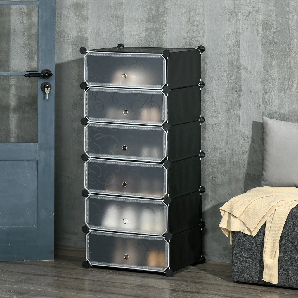 HOMCOM Pantofar modular cu 6 cutii din PP și oțel, 49x36,5x108 cm, negru și alb | Aosom Romania