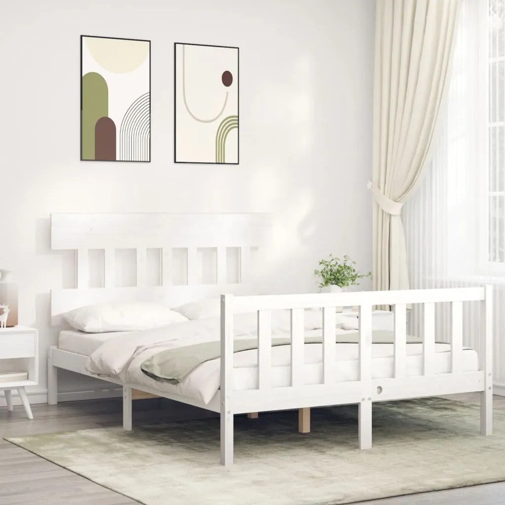 3193337 vidaXL Cadru de pat cu tăblie, alb, 140x200 cm, lemn masiv