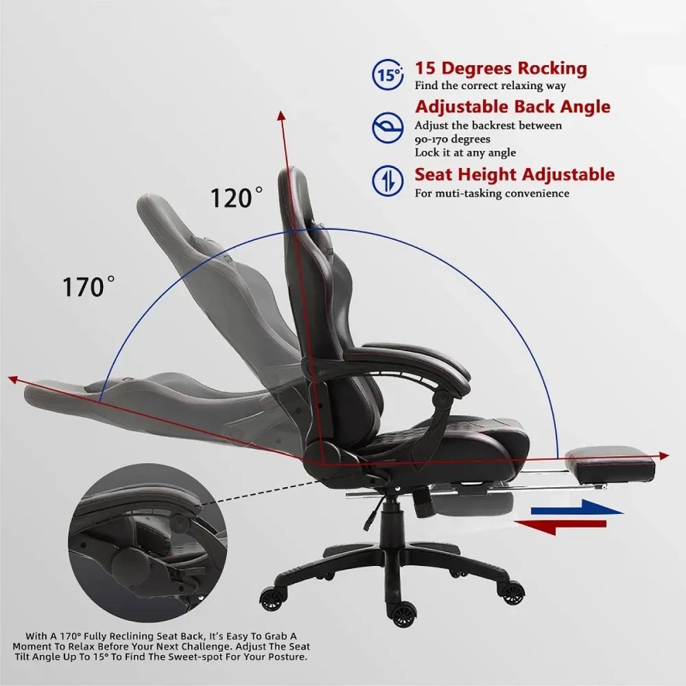 RESIGILAT- DOWINX Scaun gaming, ergonomic, suport lombar cu masaj, spătar înalt, reglabil, tetieră, suport pentru picioare, rezistent 150 kg, piele PU, Negru