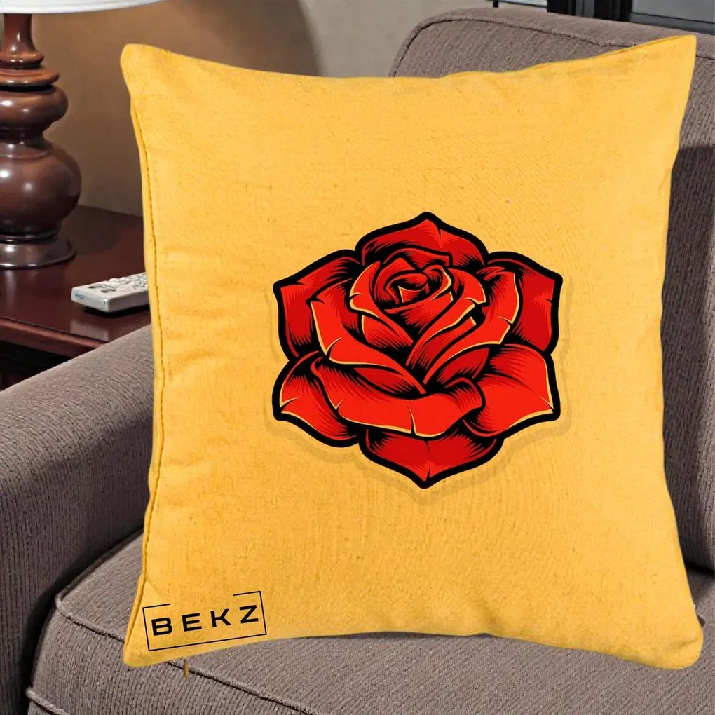 Perna Decorativa Trandafir Rosu Tattoo, 40x40 cm, Galben, Husa Detasabila, Perna Inclusa, BEKZ®