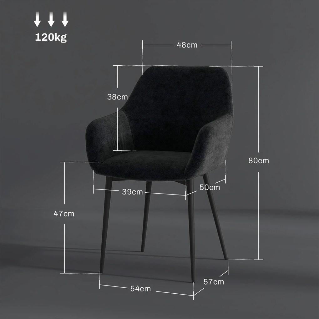 HOMCOM Set 2 Scaune Tapițate în Stil Nordic cu Brațe și Picioare din Oțel pentru Sufragerie, 54x57x80 cm, Negru | Aosom Romania