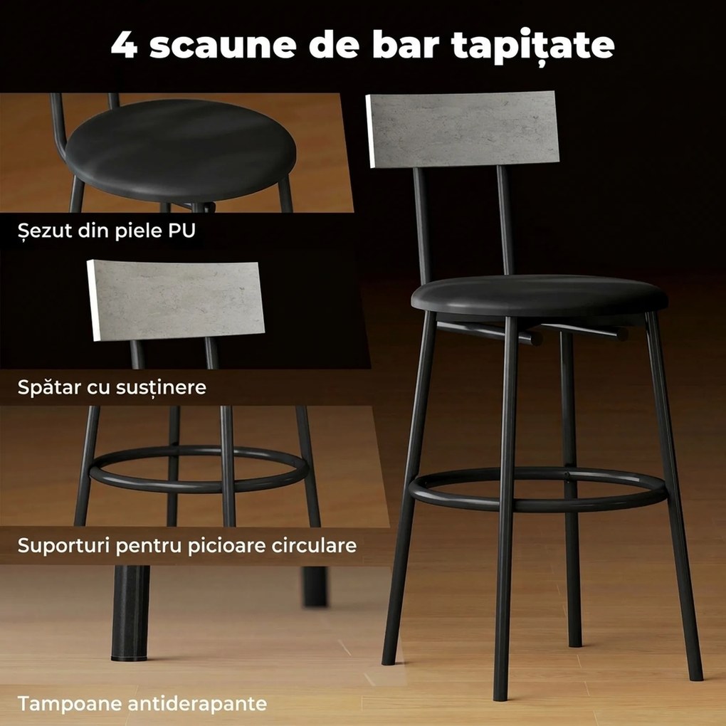HOMCOM Set cu Masă Înaltă și 4 Scaune de Bar cu Spătar Stil Industrial Gri | Aosom Romania