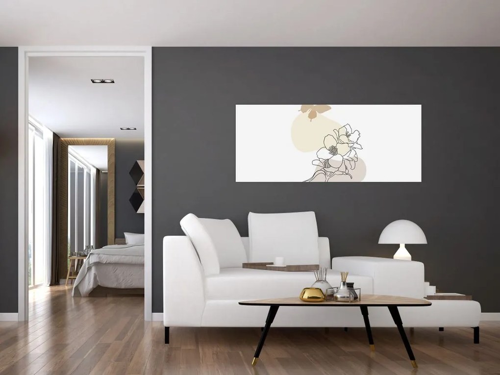 Tablou - Flori bej cu fluture N⁰3 (120x50 cm)