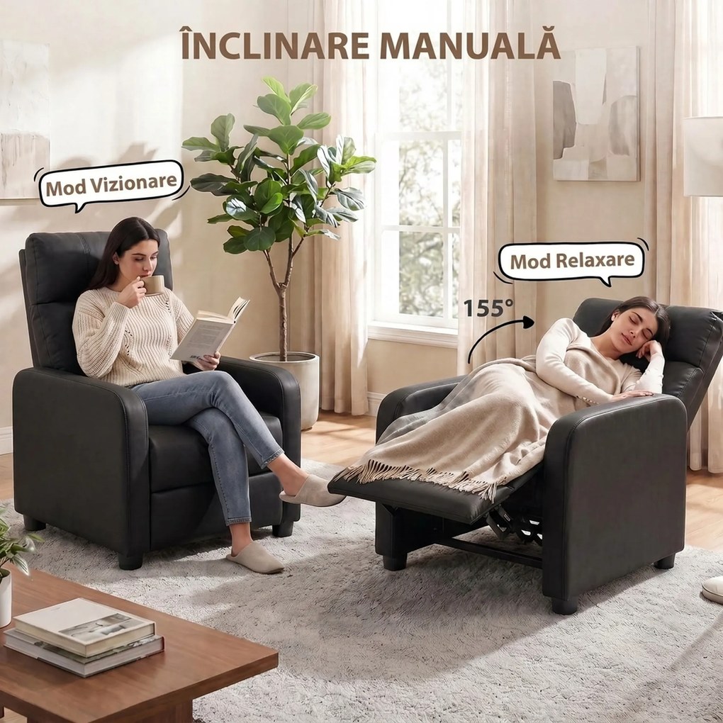 HOMCOM Fotoliu Relax Reclinabil Manual 155° cu Suport pentru Picioare din piele ecologică PU, pentru Living și Dormitor, Negru | Aosom Romania