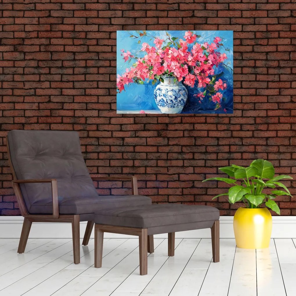 Tablou pe sticlă - Vază cu flori roz (70x50 cm)