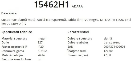 Lustra cu 3 pendule design modern ADARA 15462H1 GL