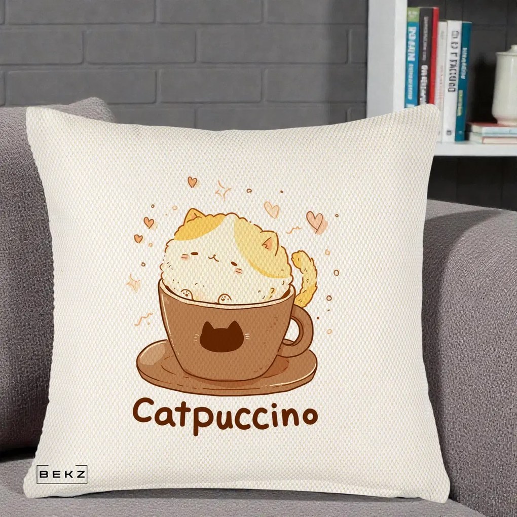Perna Decorativa Catpuccino Pisica Cappuccino, 40x40 cm, Crem Reliefat, Husa Detasabila, Perna Inclusa, BEKZ®